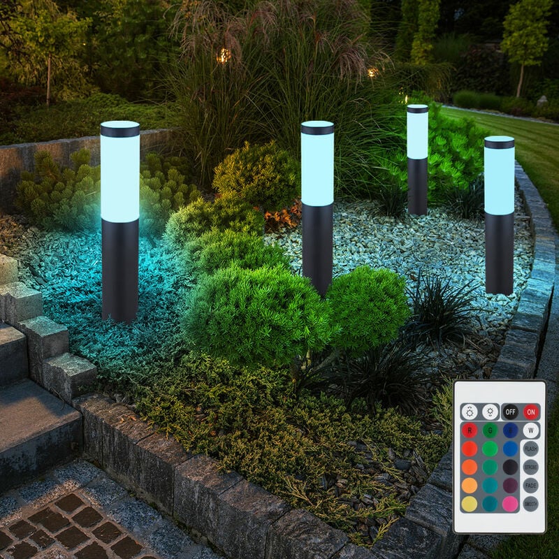 4x rgb led lampadaires extérieurs anthracite télécommande lampes de socle de jardin en acier inoxydable dimmable