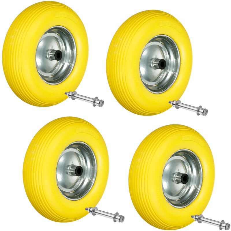 Ecd Germany - 4 x Roue de Brouette 4.80 / 4.00-8 - en Caoutchouc Solide pu Increvable - avec Essieu Axe - Diamètre Roue 390 mm - Jaune - Roue de