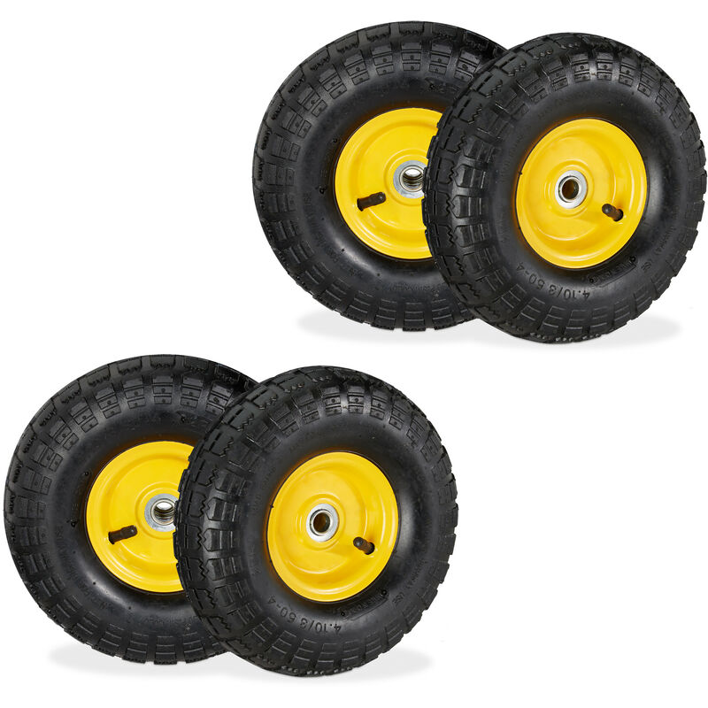 Relaxdays - Lot de 4 roues de diable 4.10/3.50-4, pneus de rechange, axe de 16 mm, 136 kg max., 260x85 mm, noir - jaune