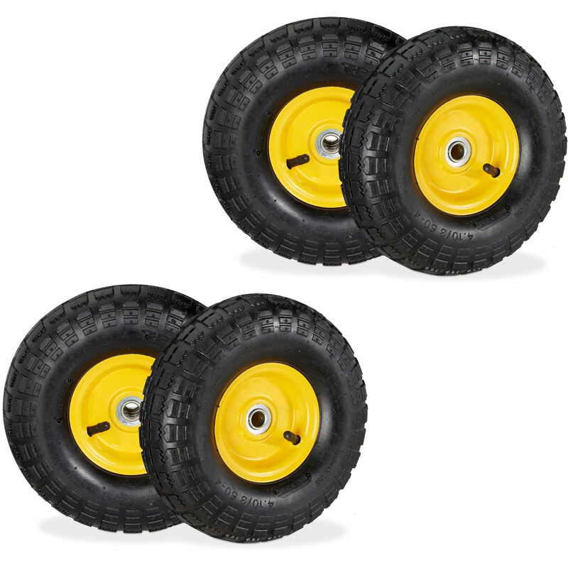 Lot de 4 roues de diable 4.10/3.50-4, pneus de rechange, axe de 16 mm, 136 kg max., 260x85 mm, noir - jaune - Relaxdays