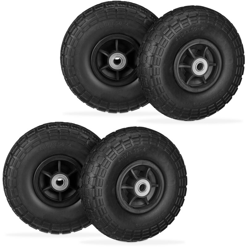 Lot de 4 roues de chariot, caoutchouc, 4.10/3.50-4', jantes en plastique, jusqu'à 150 kg, 260x85 mm, noir - Relaxdays