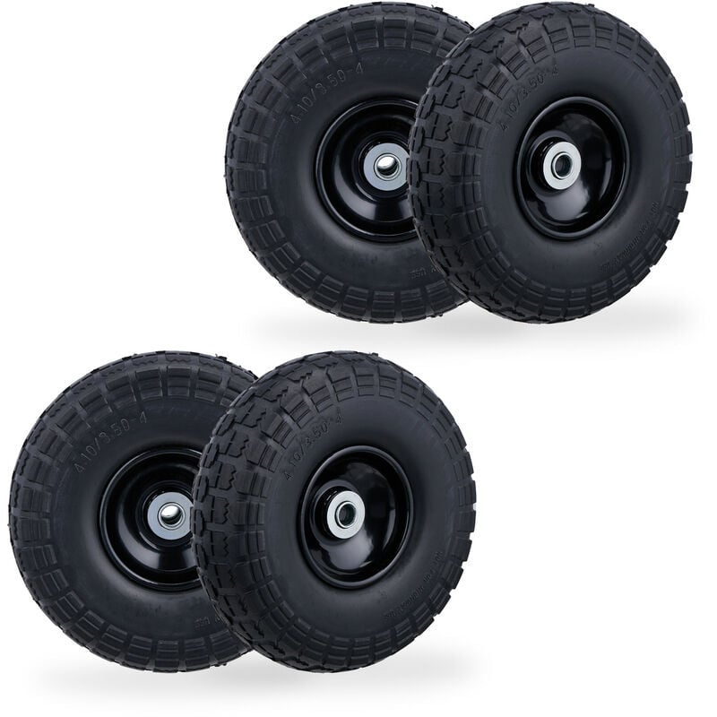 Lot de 4 roues de chariot, caoutchouc, 4.10/3.50-4', jantes en acier, jusqu'à 150 kg, 260x85 mm, noir - Relaxdays