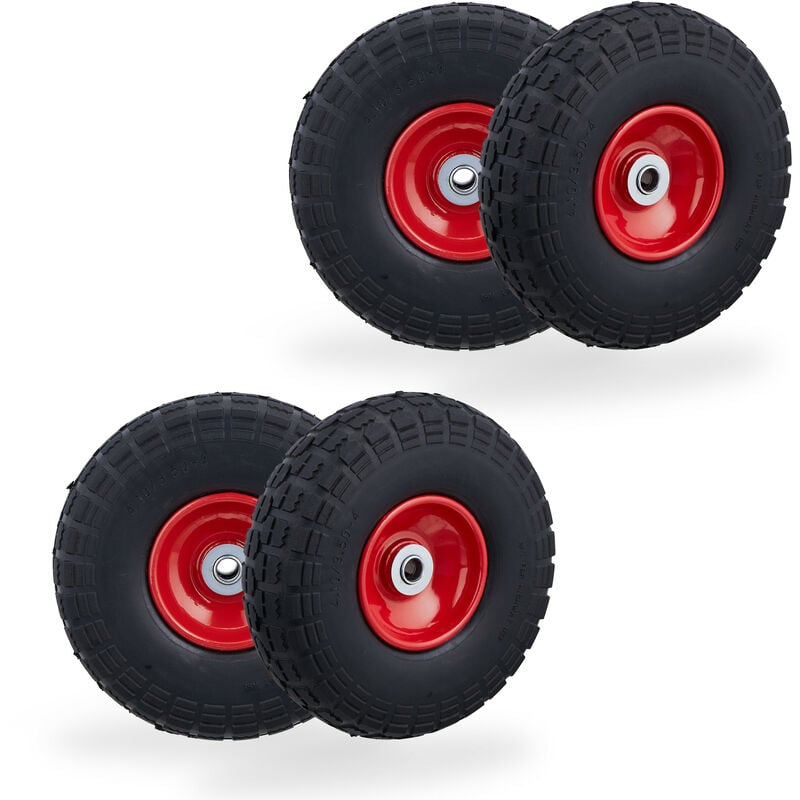 Lot de 4 roues de chariot, caoutchouc, 4.10/3.50-4', jantes en acier, jusqu'à 150 kg, 260x85 mm, noir - rouge - Relaxdays