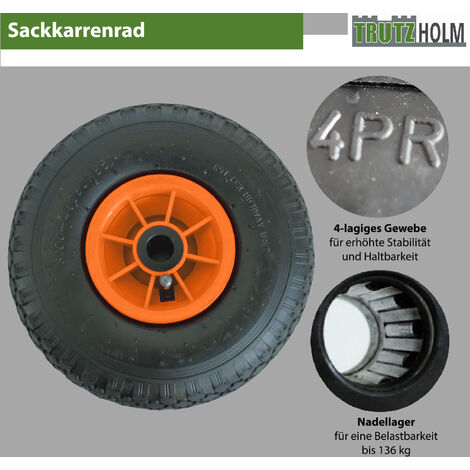 4x Sackkarrenrad Luftrad 260x85 3.00-4 Achlänge 75 mm 4PR Lagen mit Nadellager orange