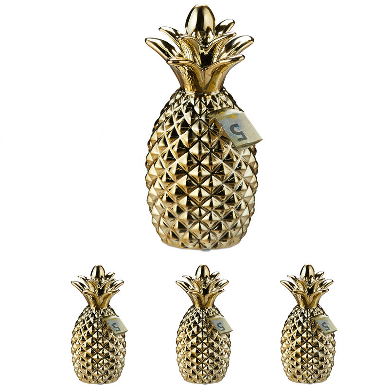 Set of 4 Pineapple Money Boxes, Ceramic Piggy Bank, Notes & Coins, Home Décor, Gift, HxW 24 x 10.5 cm, Gold - Relaxdays