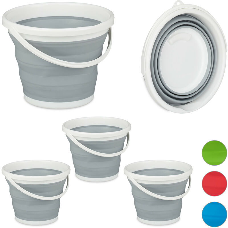 Relaxdays Set of 4 Folding Buckets, 10L Mopping Bin, Collapsible for Car, Camping and Festivals, Grey