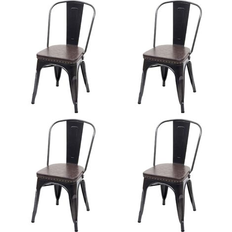 4x sillas de cocina comedor estilo industrial metal negro y sintético marrón CDS04557