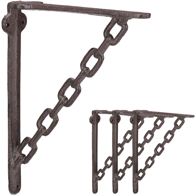 Relaxdays - Set of 4 Cast Iron Shelf Brackets, Antique Look, Extraordinary Chain Design, Support for Shelves, Rusty Brown