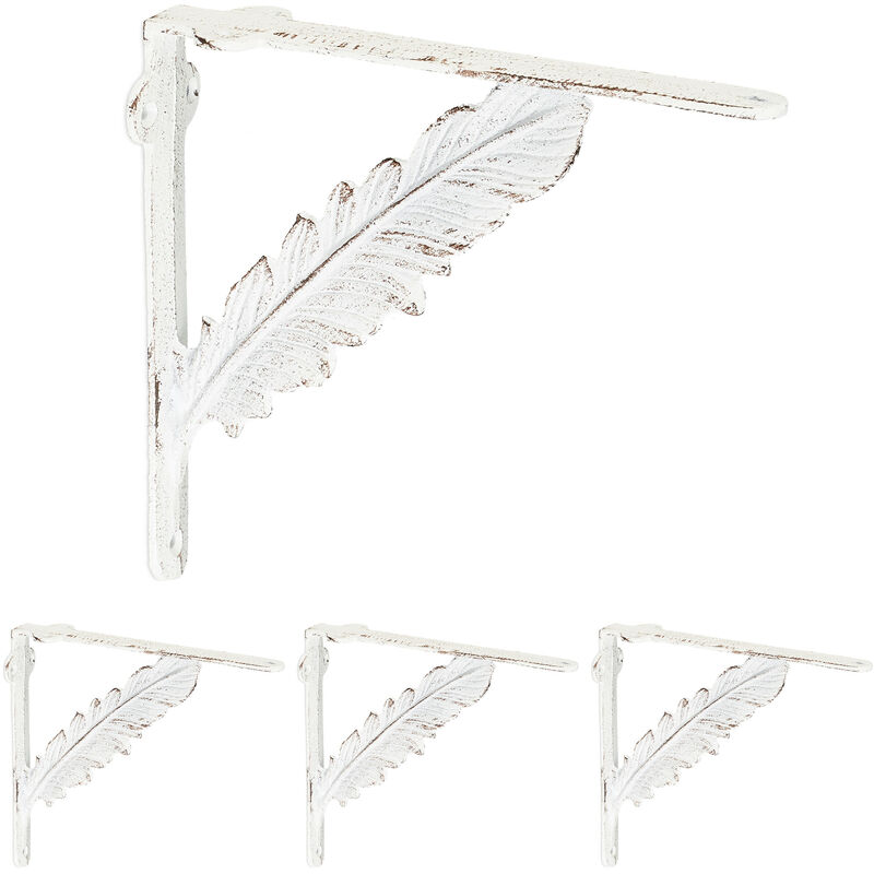 Relaxdays - Set of 4 Shelf Brackets, Cast Iron, Rack Support, Feather Form, hwd: 19 x 4 x 21 cm, Angle for Shelves, White
