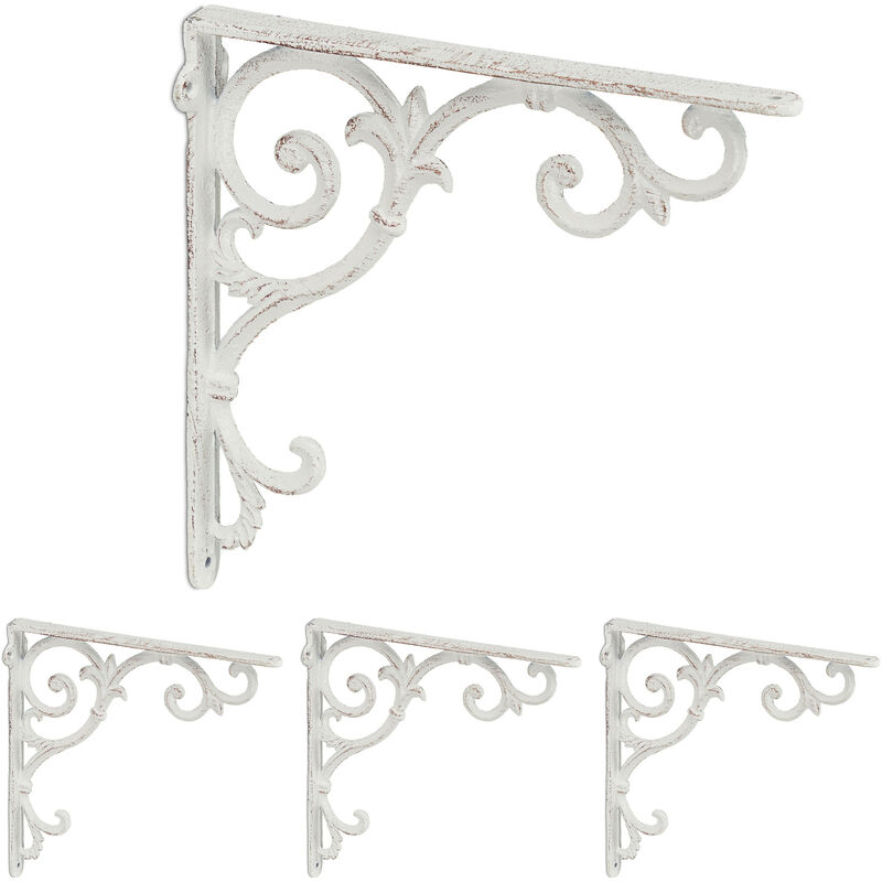 Relaxdays - 4x Shelf Brackets, Cast Iron, Rack Support, Vintage Motif, hwd: 24.5 x 4 x 24.5 cm, Angle for Shelves, White