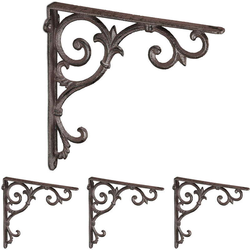 Relaxdays - 4x Shelf Brackets, Cast Iron, Rack Support, Vintage Motif, hwd: 24.5 x 4 x 24.5 cm, Angle for Shelves, Brown