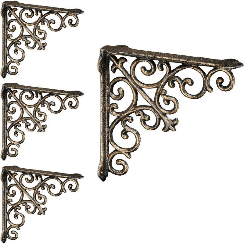 Image of 4x Staffe per Mensole, Supporti dal Design Barocco, Reggimensola Angolari per Scaffali, Vintage, Bronzo