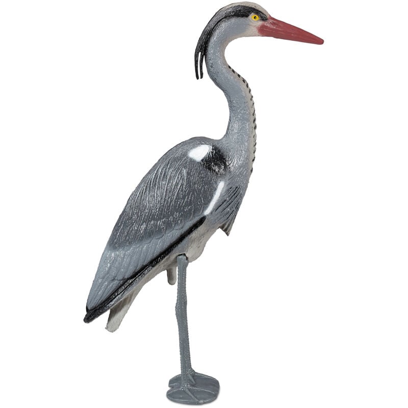 2x Statues de déco héron, protection contre les chasseurs de poissons, oiseau sur pied, étang, à planter, PE, gris