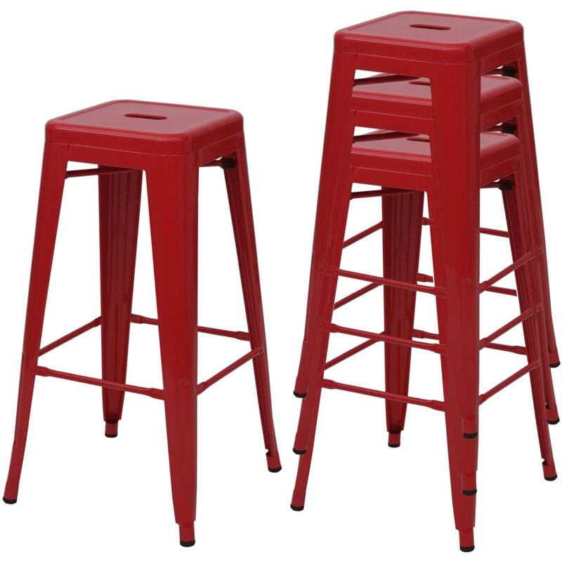 4x tabouret de bar HHG 844, chaise de comptoir, métal, empilable, design industriel, rouge