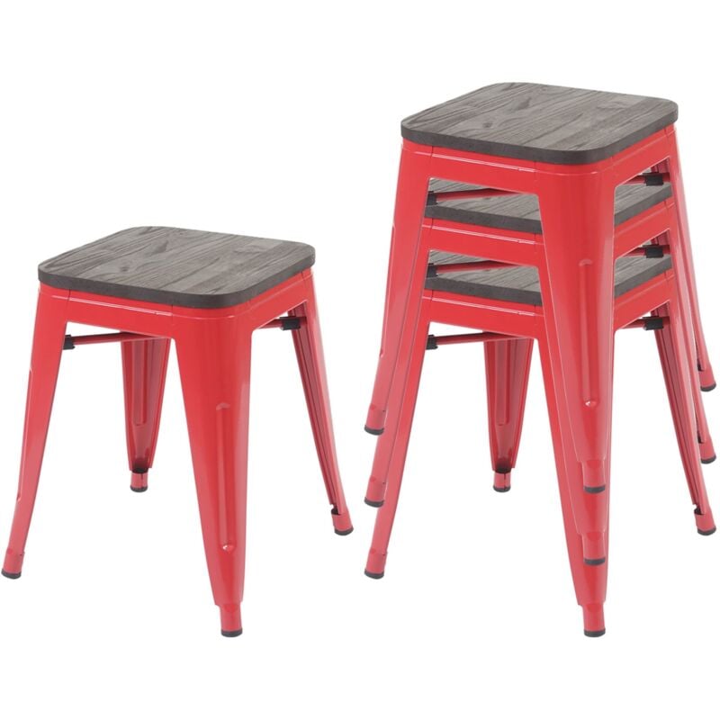 4x Tabouret HHG 771, avec siège en bois, métal, style industriel, empilable , rouge