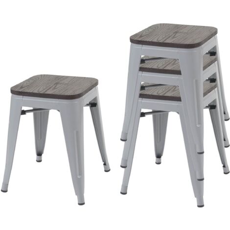 4x Tabouret HWC-A73, avec siège en bois, métal, style industriel, empilable  - gris