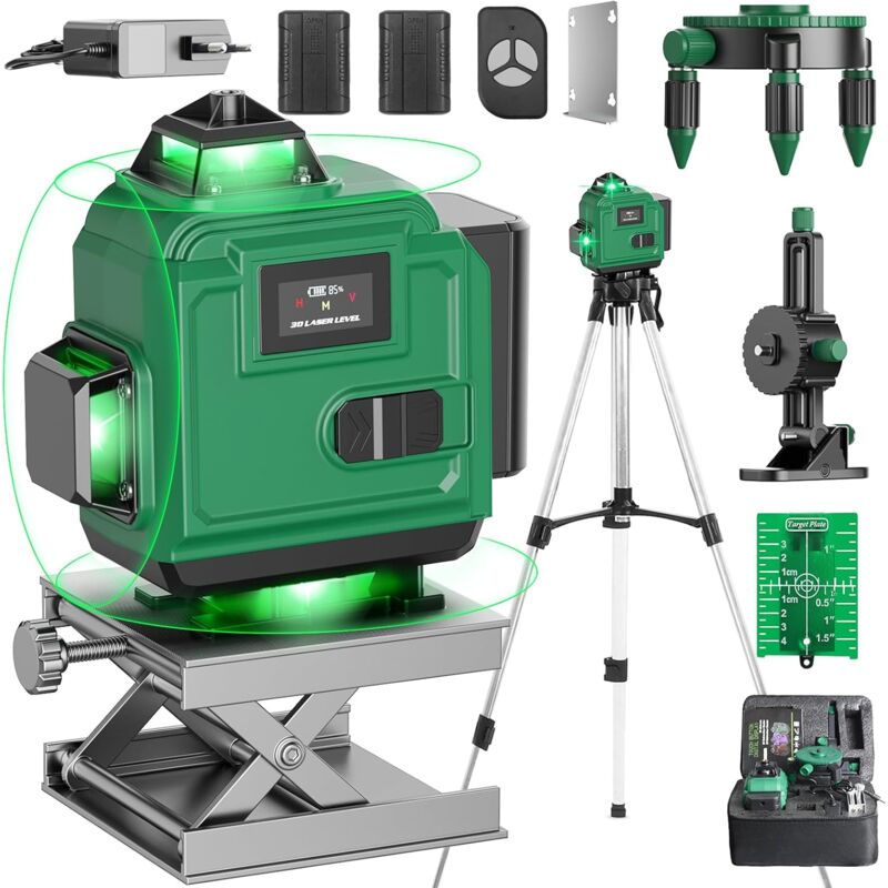 4x360° Niveau Laser Vert avec Trépied, 4D 16 Lignes Professionnel Niveau Laser 360 Autonivelant avec 2Batterie Li-ion Port de Charge Type c, Écran lcd