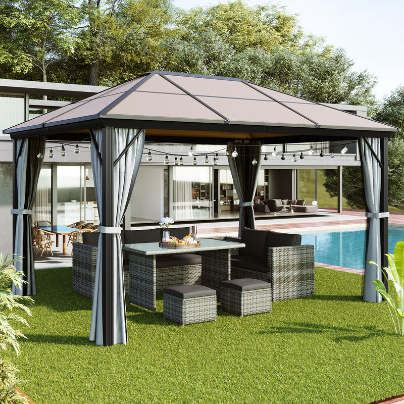 Modernluxe - 4X3m Aluminum Gazebo Canopy Tent Outdoor Marquee With Hardtop, Curtains And Netting, For Garden, Patio, Lawns, Parties