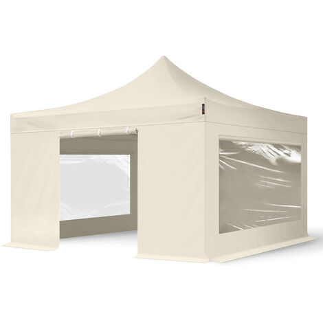 4x4 m Faltpavillon, PREMIUM Stahl 40mm, Seitenteile mit Panoramafenstern, creme
