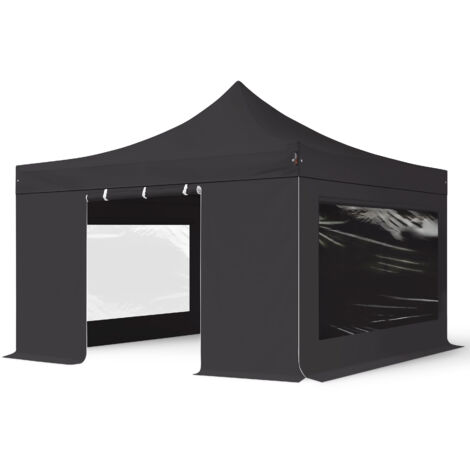 4x4 m gazebo pieghevole con laterali (finestre panoramiche), PREMIUM acciaio, nero