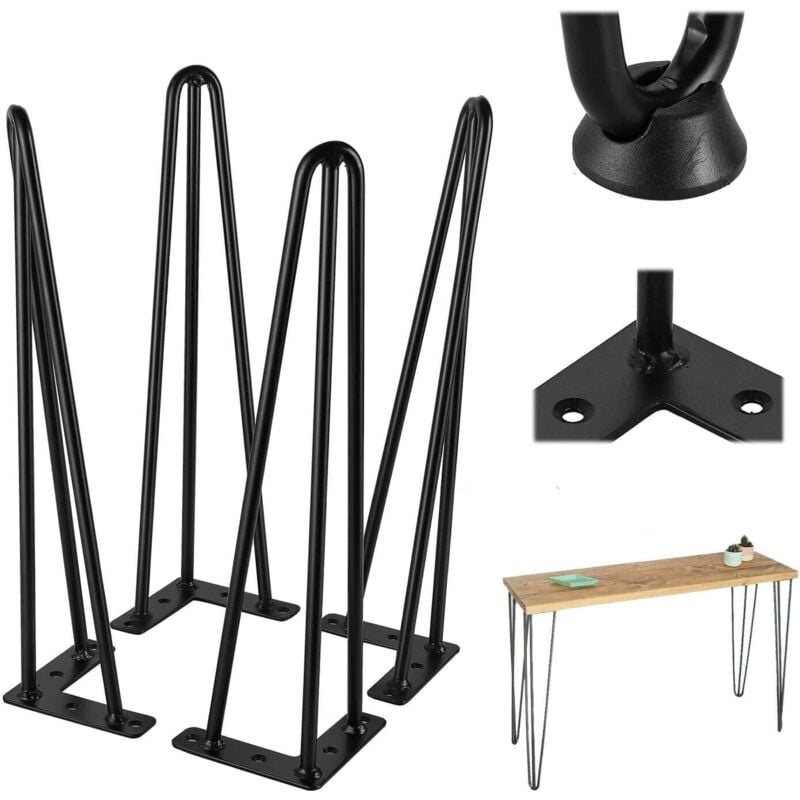 Lucn - 4x41cm Pieds de table en épingle à cheveux avec triple tige - Pieds de meuble pour table basse,table et bureau - inclus protections de sol