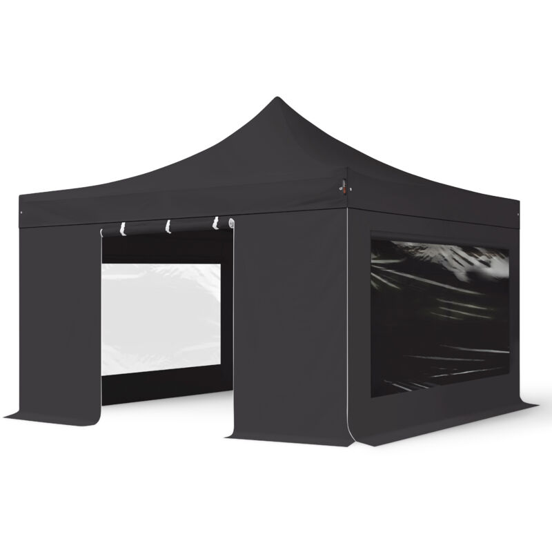 Toolport 4x4m Pop Up Gazebo Professional Aluminium 40 Mm, Incl. Sidewalls With Panorama Windows, Black High Performance Polyester Approx. 400g/m²