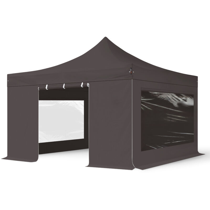Toolport 4x4m Pop Up Gazebo Professional Aluminium 40 Mm, Incl. Sidewalls With Panorama Windows, Dark Grey High Performance Polyester Approx. 400g/m²