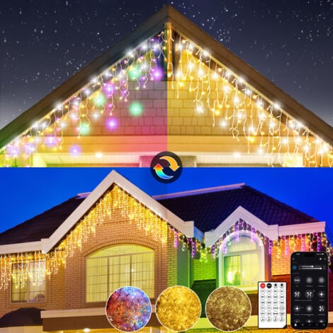 RINOXAR 5-30m Luci Natale da Esterno Cascata, Luci Natale Esterno Bianco Caldo e RGB, Tenda Luci Natale Esterno con APP e Telecomando, 17 Modalità, 4 Luminosità, Timer, Decorazioni Natale Esterno(10M-400L,C/R