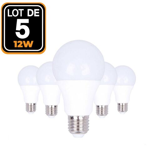 5 ampoules LED E27 A60 12W eq. 96W Haute Luminosité