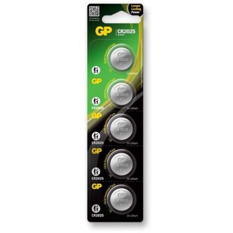5 Batterie GP al Litio a bottone, 3V, CR2025, blister