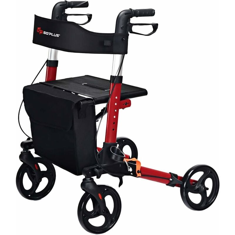 COSTWAY Lightweight Folding Rollator Walker with Seat, Dual Safety Brake, Adjustable Height, 4 Wheels Mobility Aids with Cane/Umbrella Holder &