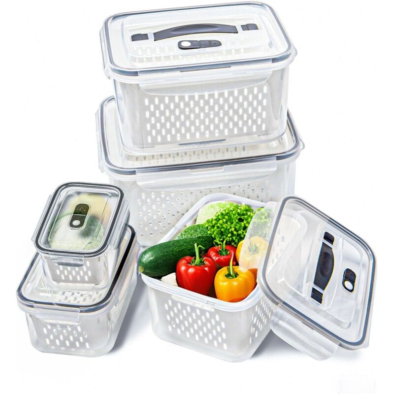 5 boîtes rangement frigo avec passoire amovible, plastique, pour salade, fruits, légumes, organisation réfrigérateur