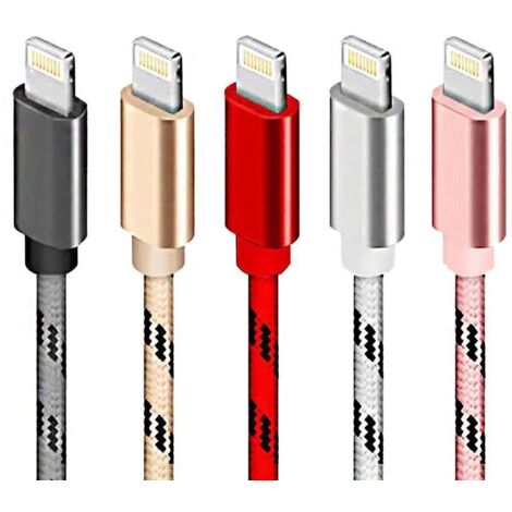 5 câbles tressés USB, câbles de données iPhone avec têtes métalliques, 2m,couleurs aléatoires