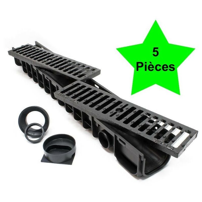 Le Poisson Qui Jardine - 5 Caniveaux 1 mètre avec grille de protection fonte max. 12,5 tonnes - Noir