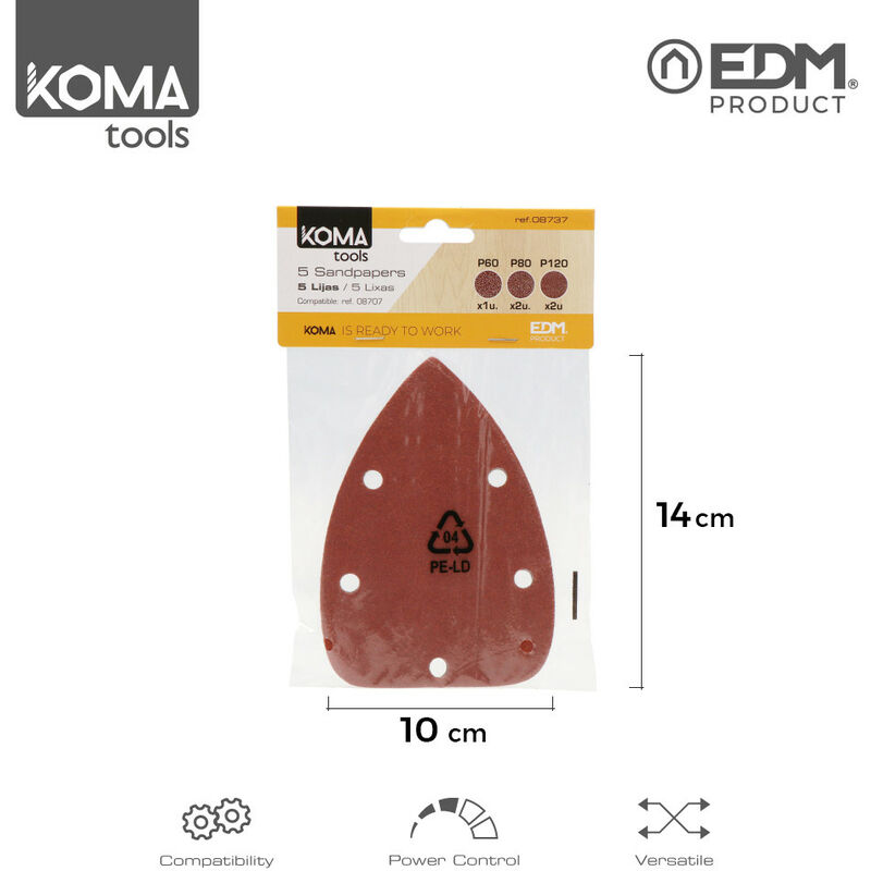 Image of Koma Tools - Set di 5 carte abrasive per levigatrice 08707 edm