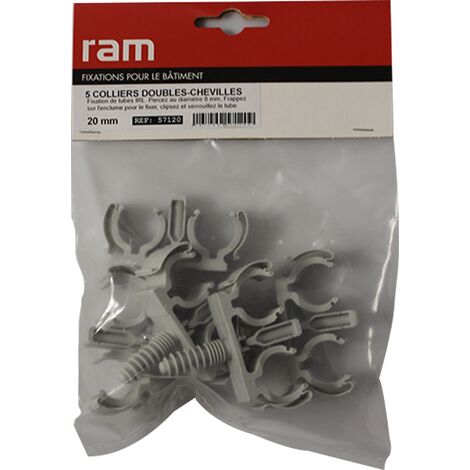 5 CLIPEO double gris - Fixation pour tube IRL Ø20 - Ram