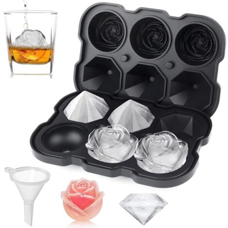 5 cm große, rosafarbene Eiswürfelform mit Deckel, dreiteilige, rosafarbene Silikon-Eiswürfelform und Diamant-Eiswürfelbereiter für frische Cocktails, Whisky, Saft, schwarz