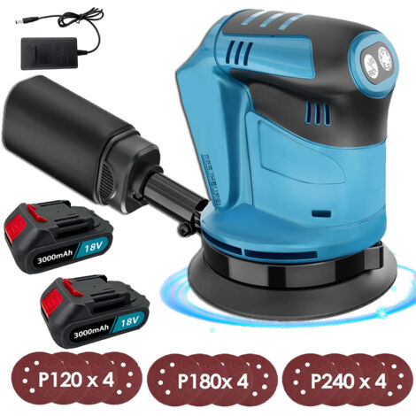 5" Cordless Random Orbital Sander 18V Li-ion Dust Bag Discs Polishing Machine,4 120mm/4180mm/4240mm Discs,with Dust Bag+2x 3000mAH Battery+Charger, Compatible with Makita battery