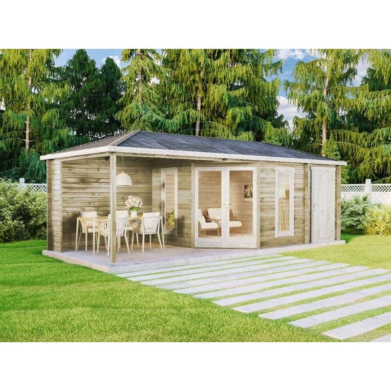 Alpholz - 5-corner Garden House Liwa with extension 7x3m natural, 28mm ...