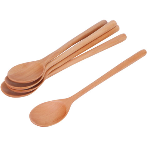 5 cuillères en bois à manche long pour soupe, barbecue, camping, fête et cuisine - Couleur bois naturel