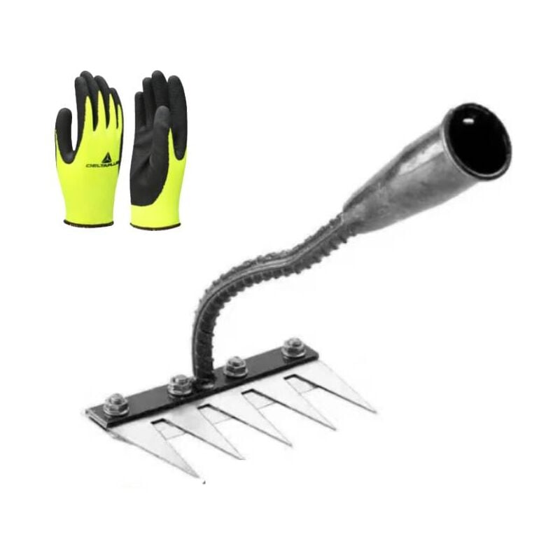 Coocheer - 5 dentsRâteau de désherbage de jardin en acier au carbone avec gants en polyester, râteau de jardin en métal robuste, râteau en fer pour