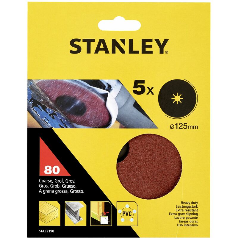 Stanley - 5 Discos de lija base fibra ø 125x22 mm. Grano 80