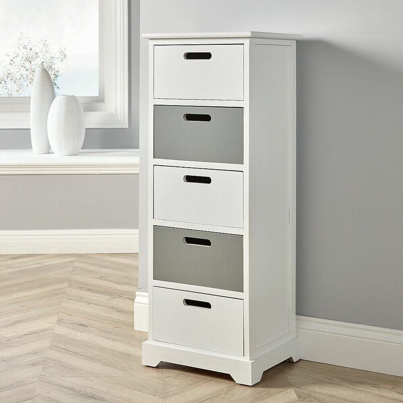 5 Drawer Chest Tallboy White Grey Wooden Storage Unit Bedroom Organiser Storage