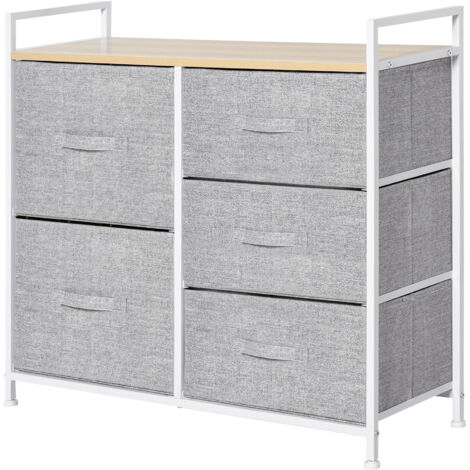 5 Drawer Linen Basket Storage Unit Home Organisation w/ Shelf Handles Metal Frame Adjustable Feet Hallway Home Dresser Grey