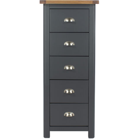 5 Drawer Narrow Chest - Hardwood/Softwood/MDF - 45 x 40 x 114.5 cm - Midnight Blue/Antique Oak Effect Wax