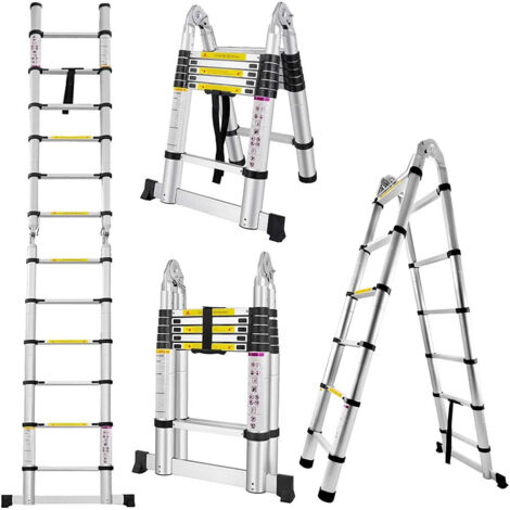 5 Échelle Télescopique Pliante Escabeau Pliant (2,5M + 2,5M) Ladderen en Aluminium Échelle Polyvalente Capacité Charge Max 150KG
