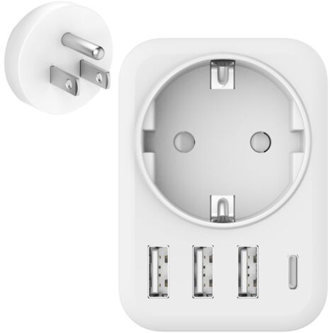 5 en 1 Adaptateur Prise USA avec 3 USB-A et 1 USB-C et 1 Prise, Adaptateur Prise France vers USA Canada Mexique Thaïlande, Type B