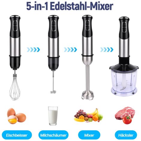 5 en 1 Mixeur Plongeant, 1000 W Mixeur Plongeur Multifonction, 21 Vitesse et mode turbo, verre doseur, bol hachoir, Fouet, Bâton à mousse de lait, Lames en acier inoxydable, sans BPA