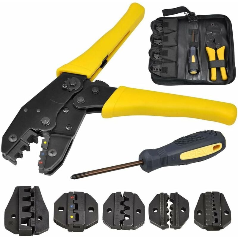 5 en 1 Pince à Sertir à Cosses pour Connecteurs Isolés et Non Isolés avec 1 Tournevis et Sac Outil Sertissage Cable