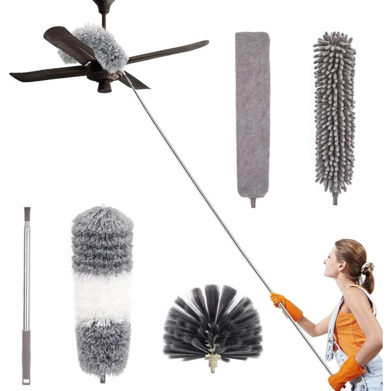 Start - 5 en 1 Plumeau Poussière Plumeau Telescopique Tete de Loup Telescopique, Lavable/Pliable Plumeau Microfibre avec Poignée en Acier Inoxydable